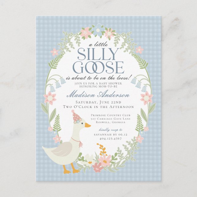 Blue Silly Goose Floral Gingham Baby Shower Postcard (Front)