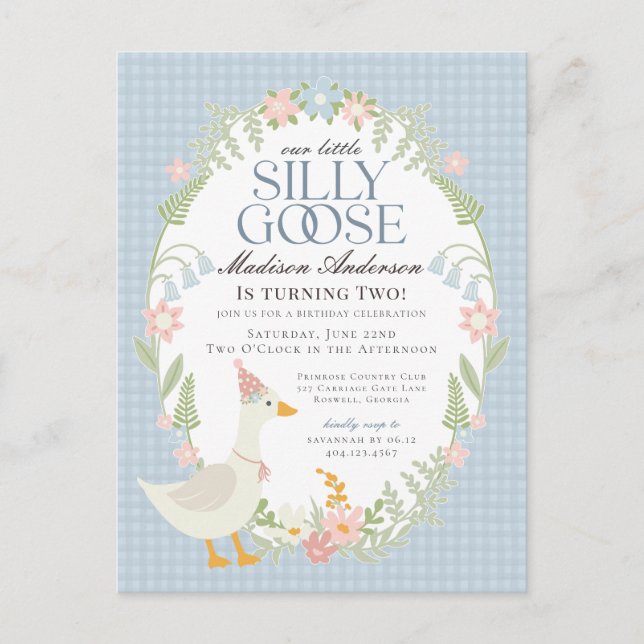Blue Silly Goose Floral Gingham Birthday Party Postcard (Front)