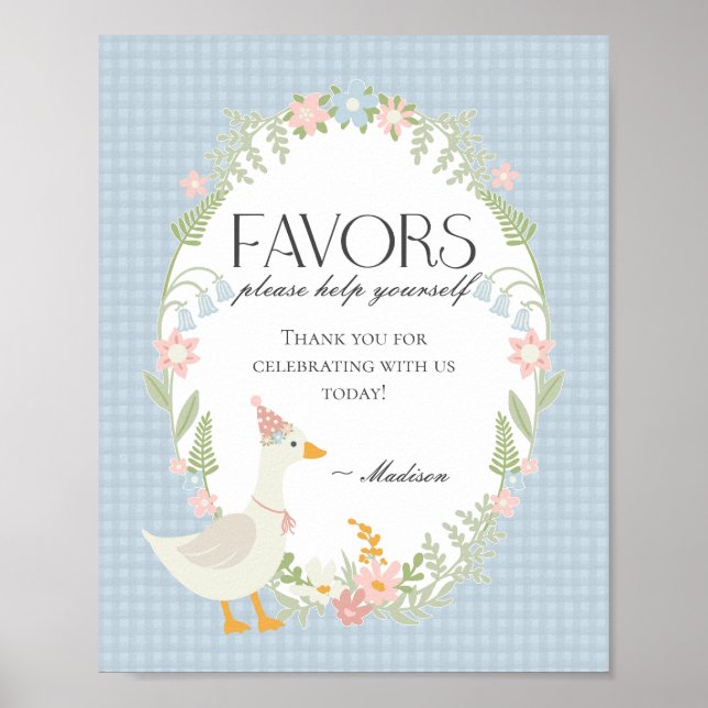 Blue Silly Goose Floral Gingham Favours Sign (Front)