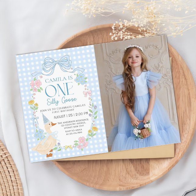 Blue Silly Goose Floral Gingham First Birthday Invitation (Creator Uploaded)