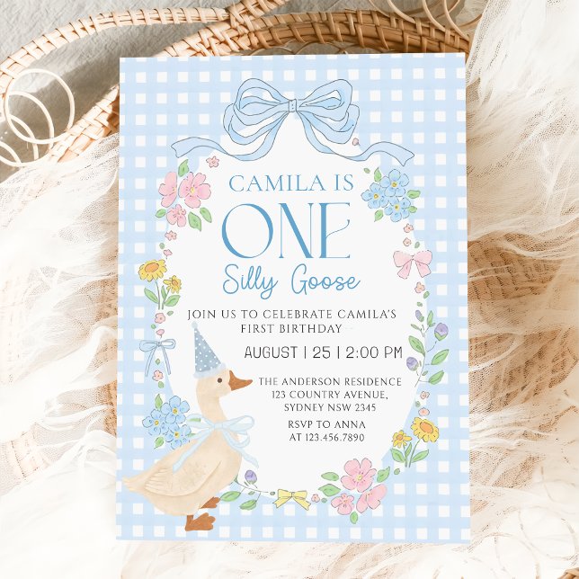 Blue Silly Goose Floral Gingham First Birthday Invitation (Creator Uploaded)