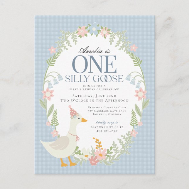 Blue Silly Goose Floral Gingham First Birthday Postcard (Front)