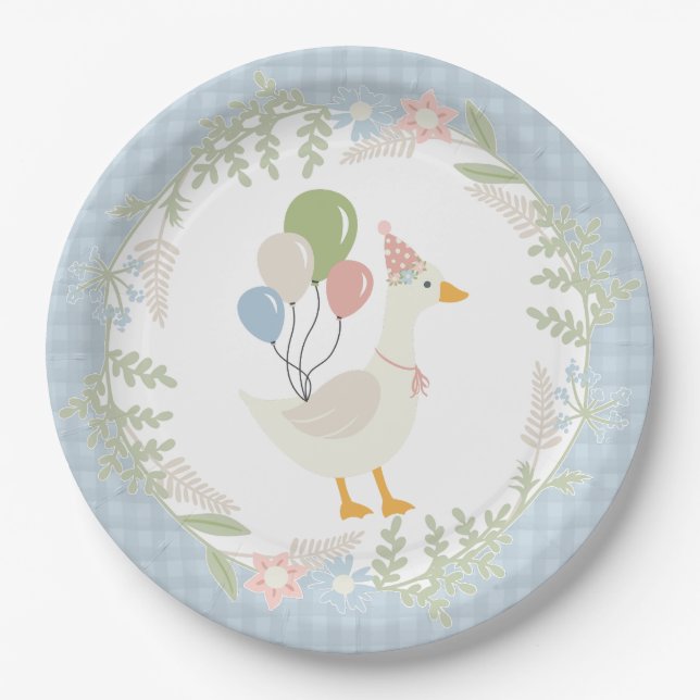 Blue Silly Goose Floral Gingham Party Paper Plate (Front)