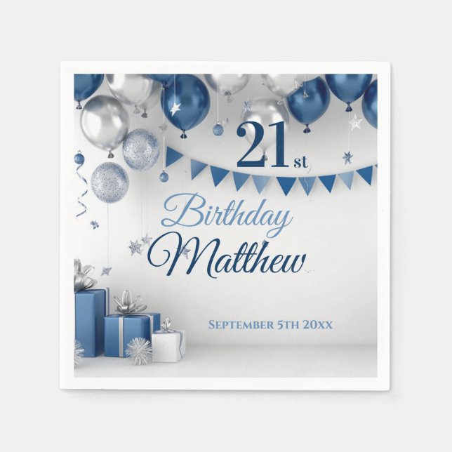Blue Silver 21st Birthday Napkin (Front)