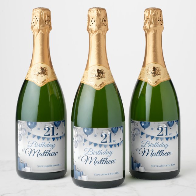 Blue Silver 21st Birthday Sparkling Wine Label (Bottles)