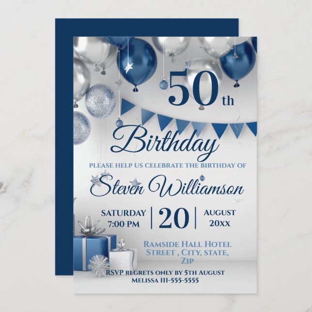 Blue Silver 50th Birthday Invitation (Front/Back)