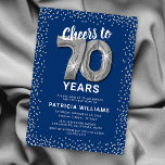 Blue Silver 70th Birthday Invitation<br><div class="desc">Elegant seventieth birthday party invitation featuring a stylish blue background that can be changed to any colour,  silver sparkly glitter,  seventy silver hellium balloons,  and a modern 70th birthday celebration text template that is easy to personalise.</div>