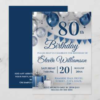Blue Silver 80th Birthday Invitation