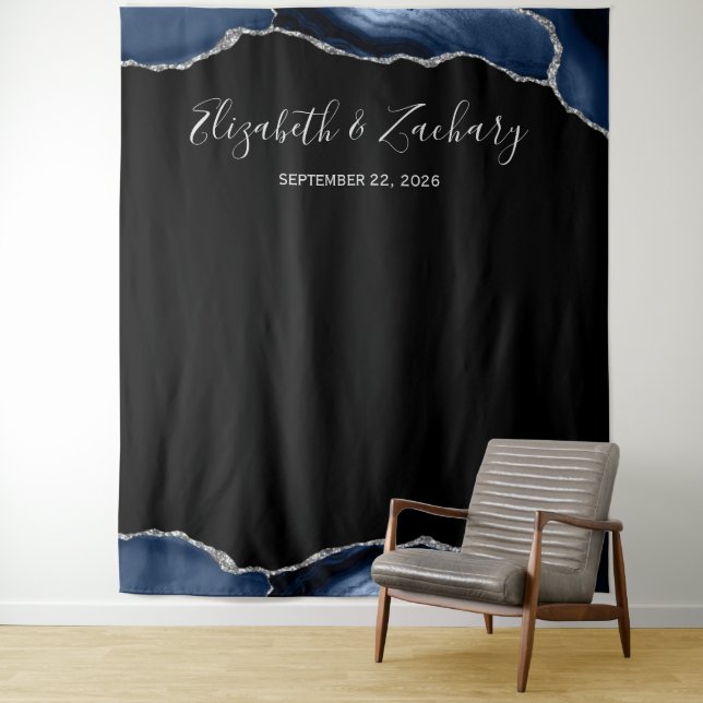 Blue Silver Agate Frame Dark Wedding Photo Booth Tapestry (In Situ)