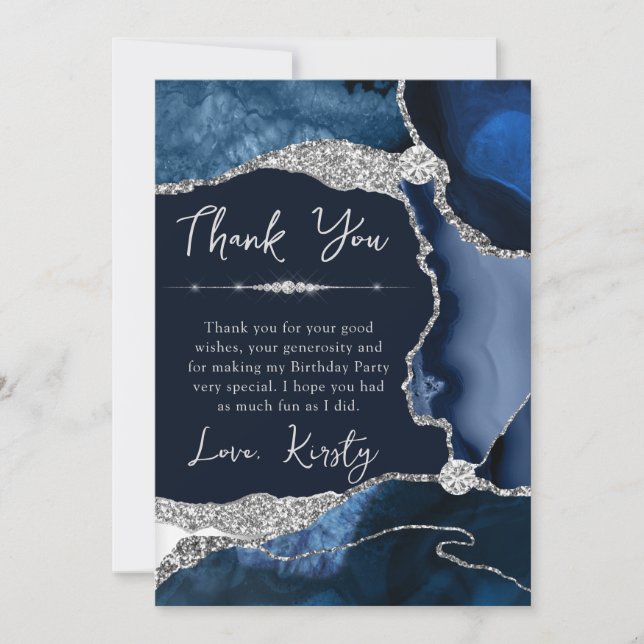 Blue Silver Agate Geode Birthday Thank You Card (Front)