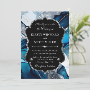 Blue Silver Agate Marble Glitter Wedding Invitation