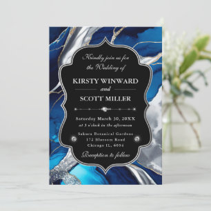 Blue Silver Agate Marble Glitter Wedding Invitation