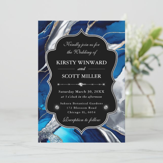 Blue Silver Agate Marble Glitter Wedding Invitation (Standing Front)