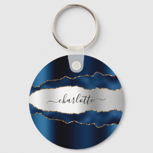 Blue silver agate marble name script key ring