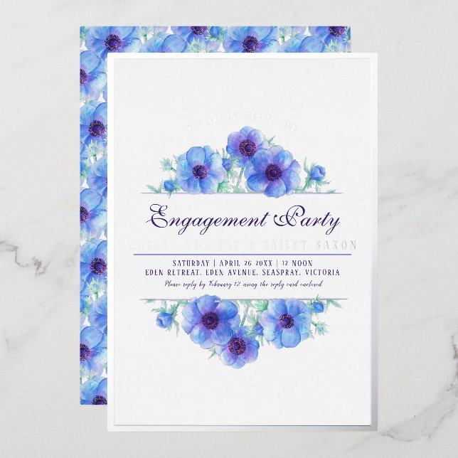 Blue silver anemone floral watercolor engagement (Front/Back)