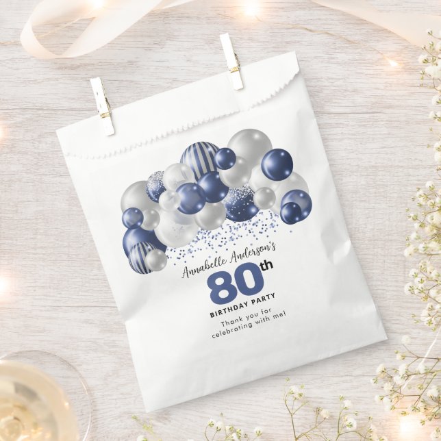 Blue Silver Balloon Glitter Favour 80th Birthday Bags (Clipped)