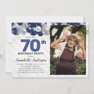 Blue Silver Balloon Glitter Photo 70th Birthday Invitation