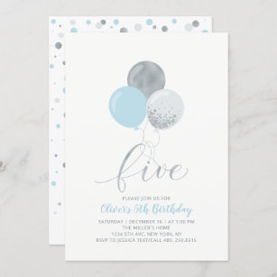 Blue & Silver Balloons Five 5th Boy Birthday Party Invitation