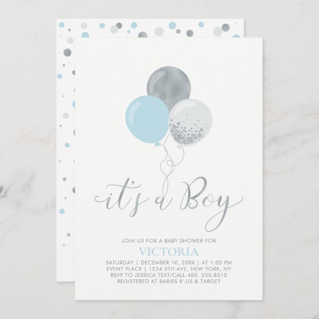 Blue & Silver Balloons | It's a Boy Baby Shower Invitation (Front/Back)