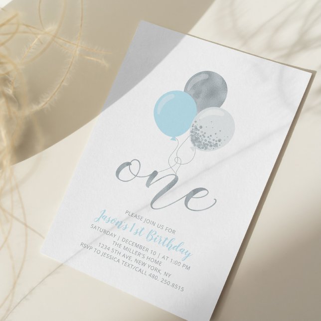 Blue & Silver Balloons | One 1st Boy Birthday Invitation (Creator Uploaded)