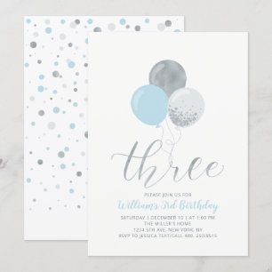 Blue & Silver Balloons   Three Boy 3rd Birthday Invitation