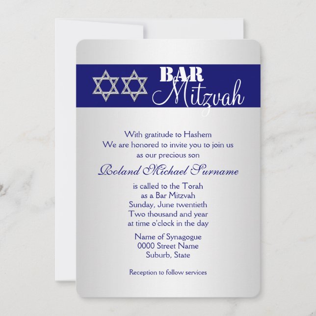 Blue silver bar mitzvah celebrations #5 invitation (Front)