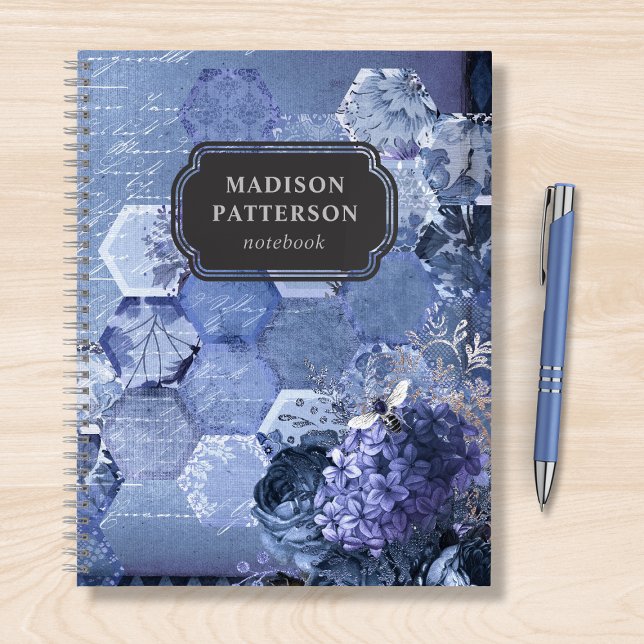 Blue Silver Bee Floral Girly Chic Modern Name Notebook (Creator Uploaded)