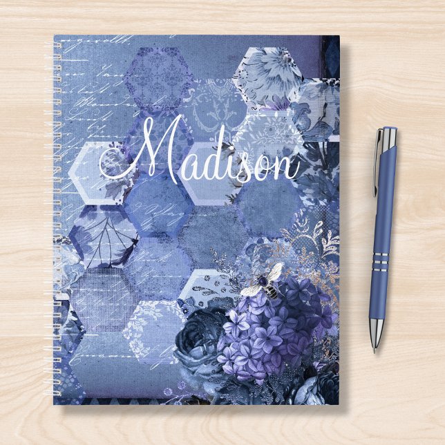 Blue Silver Bee Floral Girly Chic Modern Name Notebook (Creator Uploaded)