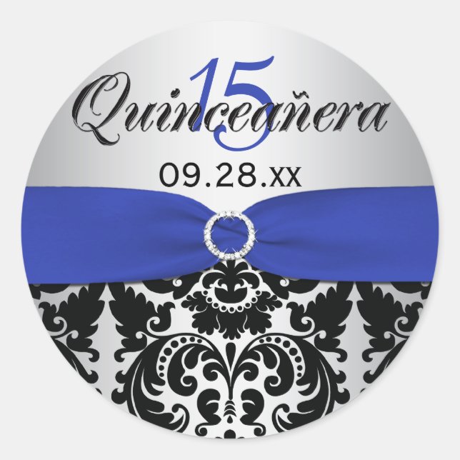 Blue, Silver, Black Damask Quinceanera Sticker (Front)