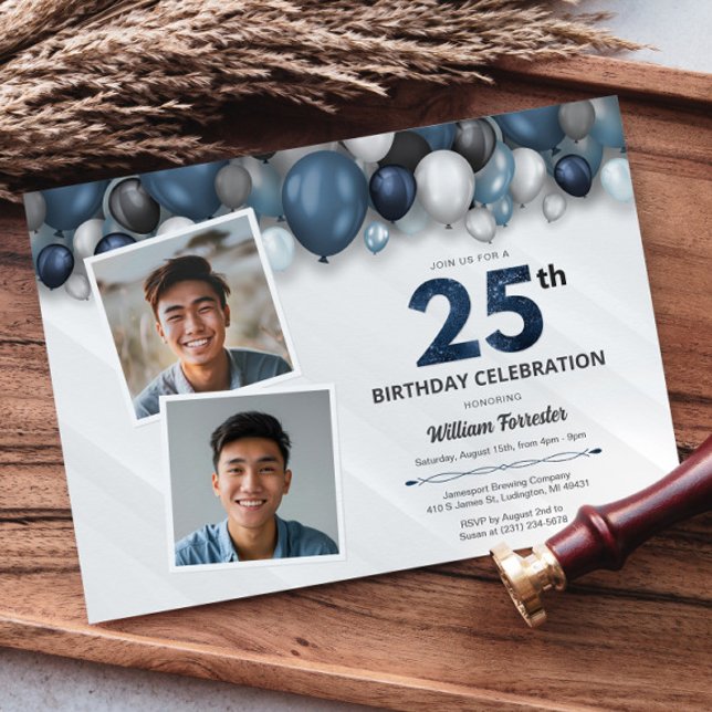 Blue Silver Black & White 25th Birthday 2 Photo Invitation (Blue Silver Black & White 25th Birthday 2 Photo Invitation)