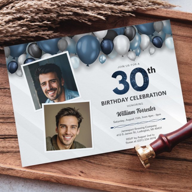 Blue Silver Black & White 30th Birthday Photo Invitation (Blue Silver Black & White 30th Birthday Photo Invitation)