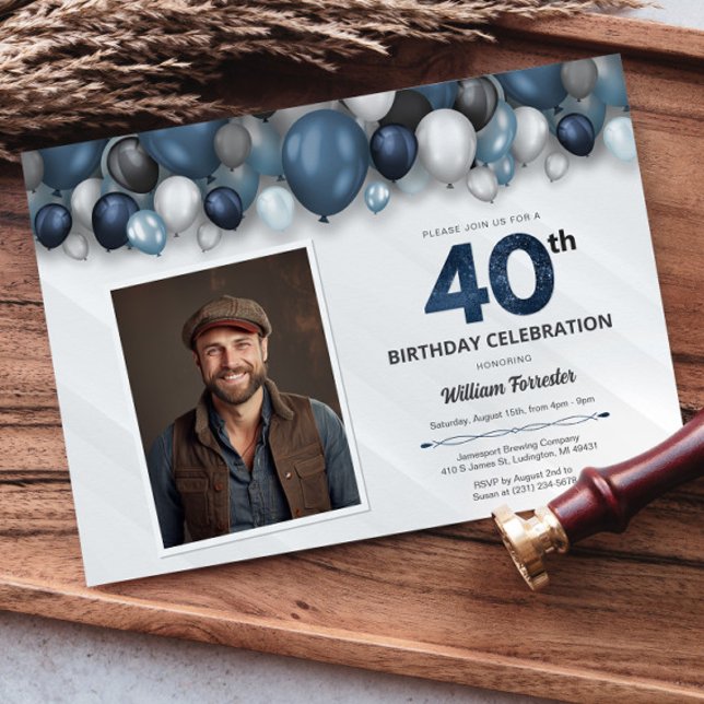 Blue Silver Black & White 40th Birthday Photo Invitation (Blue Silver Black & White 40th Birthday Photo Invitation)