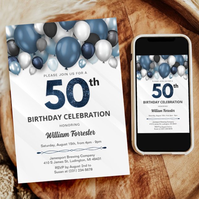 Blue Silver Black & White 50th Birthday Invitation (Blue Silver Black & White 50th Birthday Invitation)