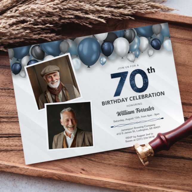 Blue Silver Black & White 70th Birthday 2 Photo Invitation (Blue Silver Black & White 70th Birthday 2 Photo Invitation)
