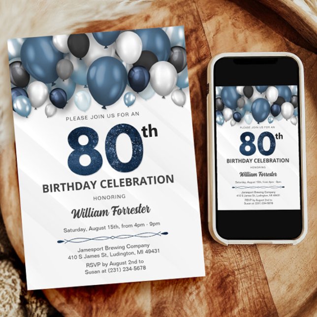 Blue Silver Black & White 80th Birthday Invitation (Blue Silver Black & White 80th Birthday Invitation)