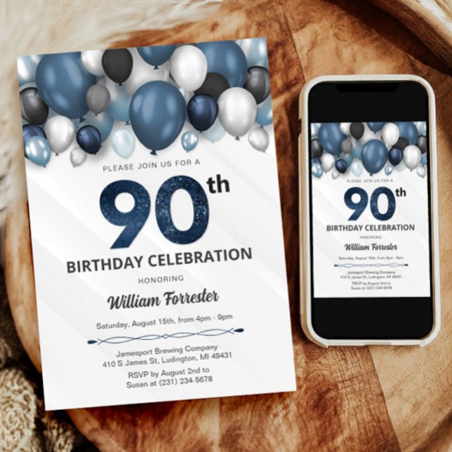 Blue Silver Black & White 90th Birthday Invitation (Blue Silver Black & White 90th Birthday Invitation)
