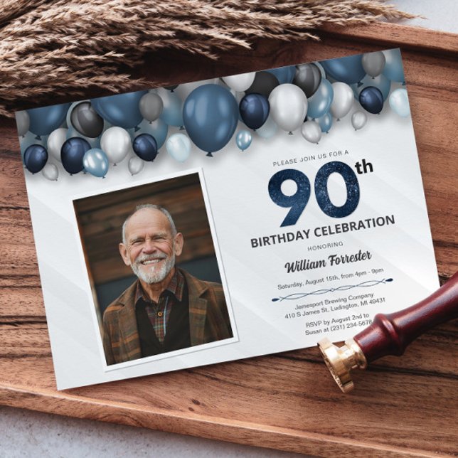 Blue Silver Black & White 90th Birthday Photo Invitation (Blue Silver Black & White 90th Birthday Photo Invitation)