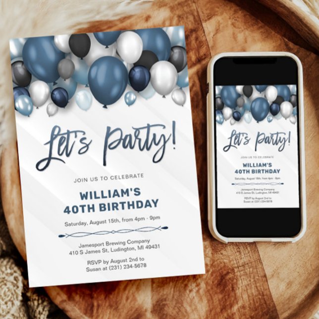 Blue Silver Black & White Birthday Invitation (Blue Silver Black & White Birthday Invitation)