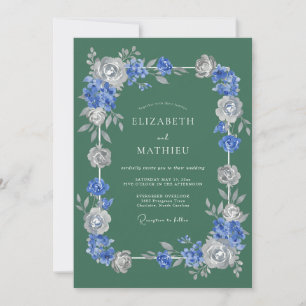 Blue Silver Bloom Romance Wedding Invitation