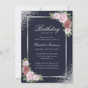 Blue Silver Blush Pink Floral Birthday Party Invitation