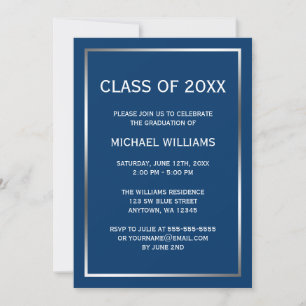 Blue Silver Border Graduation Announcement