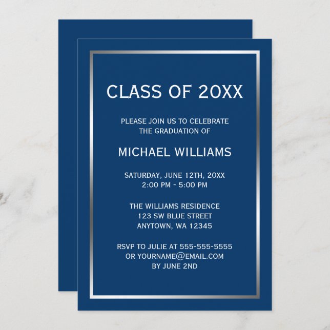Blue Silver Border Graduation Announcement (Front/Back)