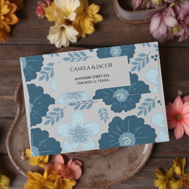 Blue Silver Botanical Floral Boho Holiday Elegant  Envelope (Creator Uploaded)