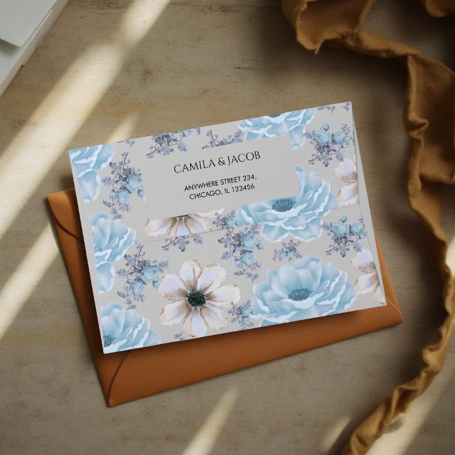 Blue Silver Botanical Floral Boho Holiday Elegant  Envelope (Creator Uploaded)