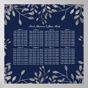 Blue Silver Botanical Floral Leaves Seating Chart