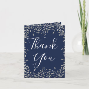Blue & Silver Botanical Leaves Floral Thank You Card