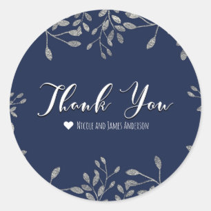 Blue & Silver Botanical Modern Wedding Favour Classic Round Sticker