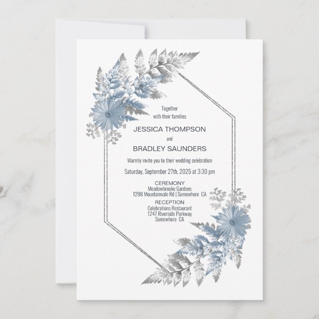 Blue Silver Botanical Wedding Invitation (Front)