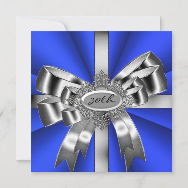 Blue Silver Bow 30th Black White Jewel 2 Invitation (Front)