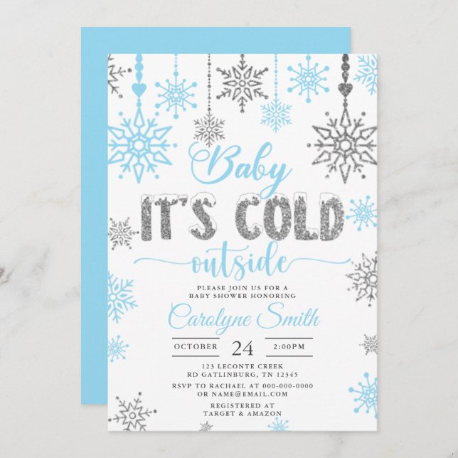 Blue Silver Boy Baby Its Cold Outside Baby Shower Invitation (Front/Back)